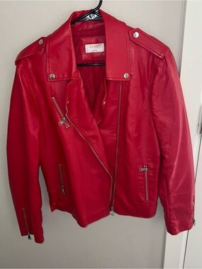 Women's Red Faux Leather Moto Jacket by